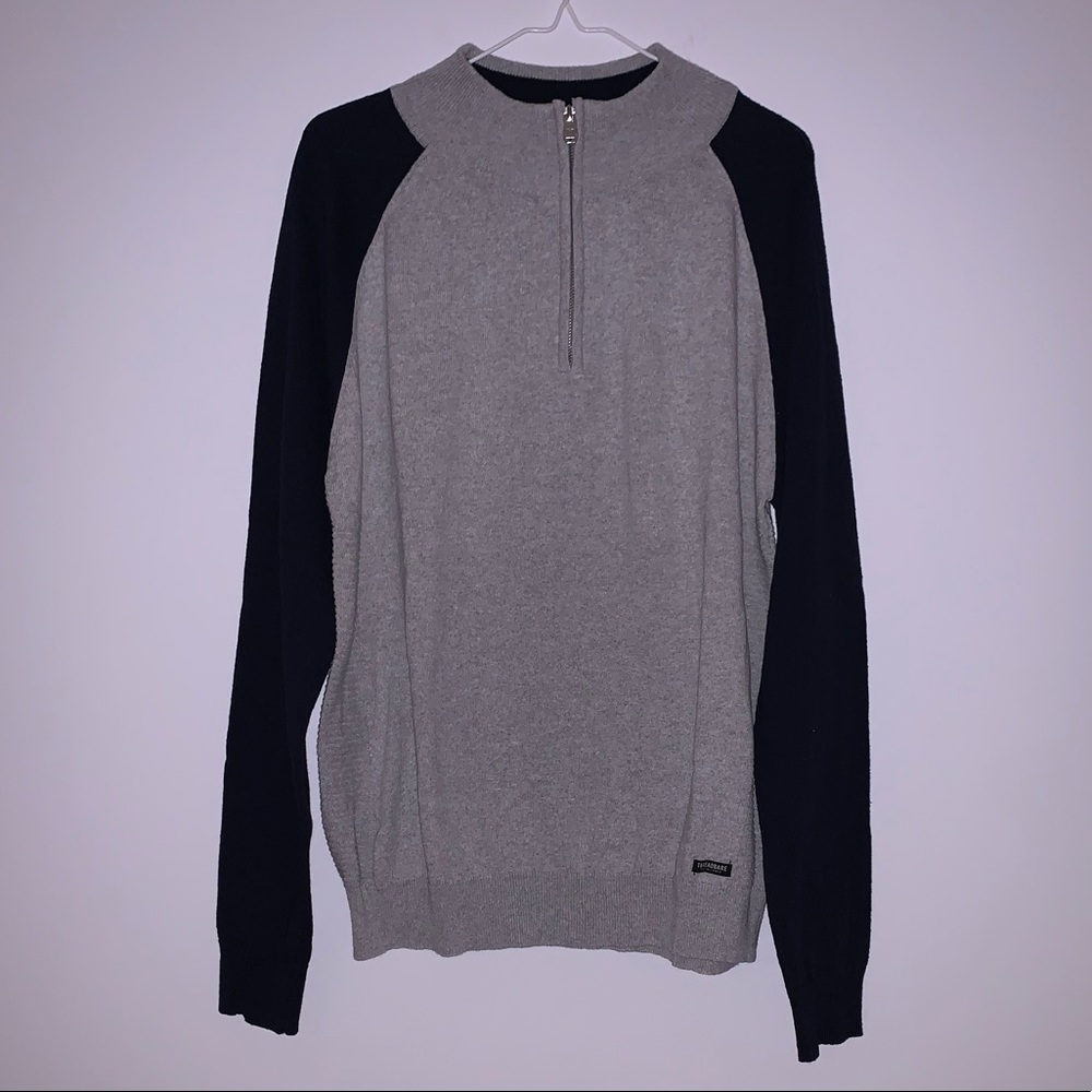 Grey and Navy Blue Quarter Zip Knit Sweater